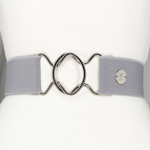 Light gray elastic adjustable belt with 2" silver interlocking buckle by KF Clothing