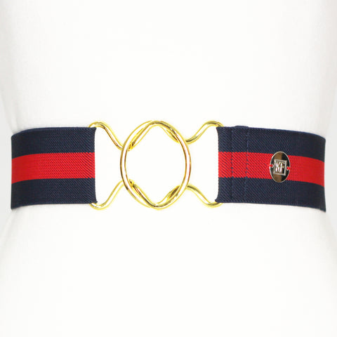 Navy red stripe elastic belt with 2" gold interlocking buckle by KF Clothing