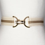 Tan beige stripe elastic belt with 1.5" gold clip buckle