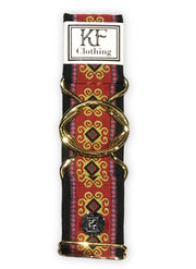 Red flourish patterned adjustable belt with gold interlocking buckle by KF Clothing