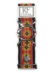Red flourish patterned adjustable belt with silver interlocking buckle by KF Clothing