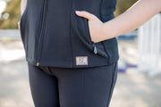 Logo on black soft shell vest by KF Clothing