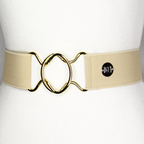 Beige elastic belt with 2" gold interlocking buckle by KF Clothing