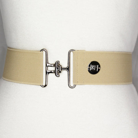 Beige elastic belt with 2" silver interlocking buckle by KF Clothing