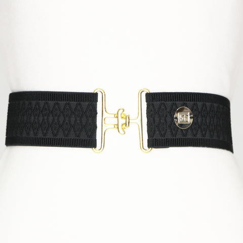 Black diamond elastic adjustable belt with 2" gold surcingle buckle by KF Clothing