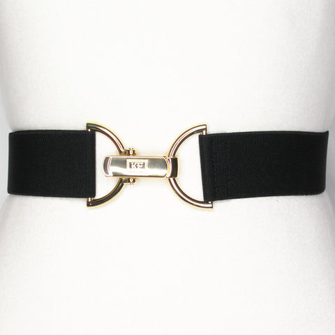 Black solid elastic belt in 1.5" gold clip buckle by KF Clothing