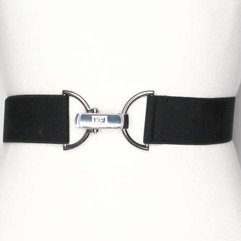 Black solid elastic belt in 1.5" silver clip buckle by KF Clothing