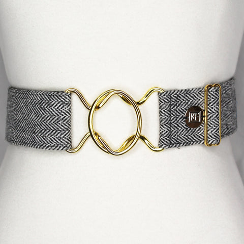 Black Herringbone belt with 2" gold interlocking buckle by KF Clothing