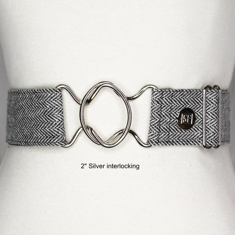 Black Herringbone belt with 2" silver interlocking buckle by KF Clothing