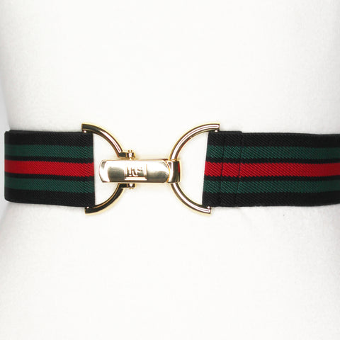 Black red green stripe elastic adjustable belt with 1.5" gold clip buckle by KF Clothing