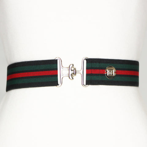Black red green stripe elastic adjustable belt with 1.5" silver surcingle buckle by KF Clothing