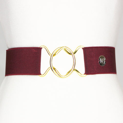 Burgundy elastic belt with 2" gold interlocking clasp by KF Clothing