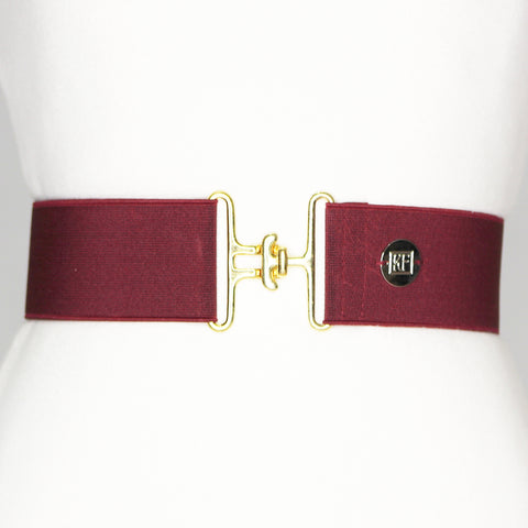 Burgundy elastic belt with 2" gold surcingle clasp by KF Clothing