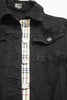 Front close up of tan plaid black denim jacket by KF Clothing