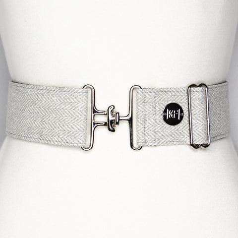 Gray herringbone belt with 2" silver surcingle buckle by KF Clothing