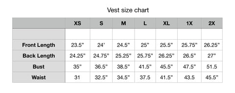 Size chart Soft shell vests by KF Clothing
