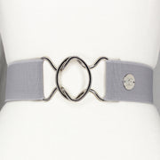 Light gray elastic adjustable belt with 2" silver interlocking buckle by KF Clothing