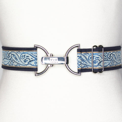 Navy paisley belt with 1.5" silver clip buckle by KF Clothing