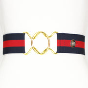 Navy red stripe elastic belt with 2" gold interlocking buckle by KF Clothing