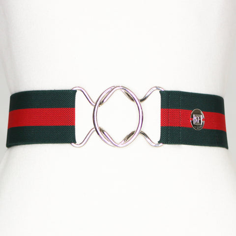 Navy red stripe elastic belt with 2" silver interlocking buckle by KF Clothing