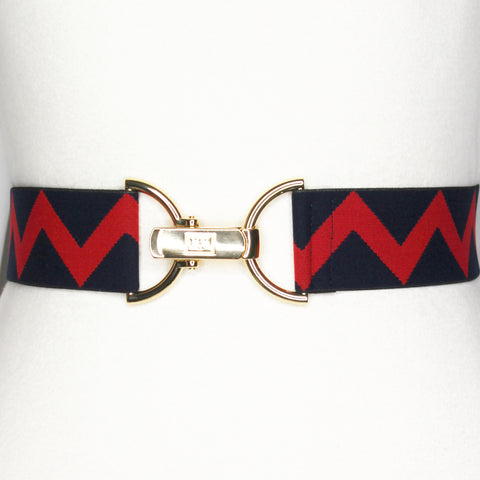 Navy red zig zag elastic belt with 1.5" gold clip clasp by KF Clothing