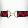 Navy red zig zag elastic belt with 1.5" gold clip clasp by KF Clothing