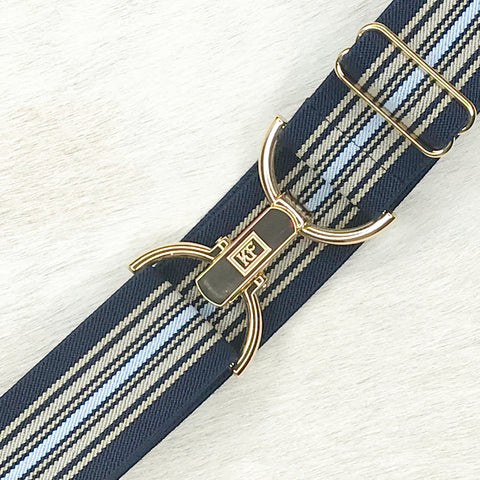 Navy tan stripe elastic belt with 1.5" gold clip clasp by KF Clothing
