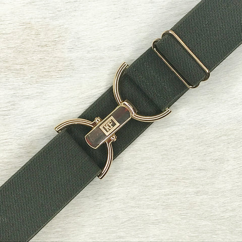 Olive elastic adjustable belt with 1.5 gold clip buckle by KF Clothing