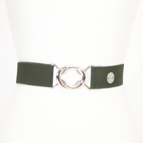 Olive elastic adjustable belt with 1.5" silver interlocking buckle by KF Clothing