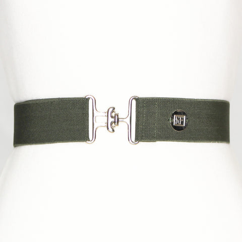Olive elastic adjustable belt with 1.5" silver surcingle buckle by KF Clothing