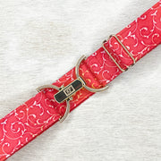 Red scroll belt with 1.5" gold clip buckles by KF Clothing
