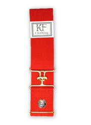 Red elastic belt with 2" gold surcingle clasp by KF Clothing