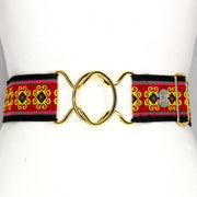 Red flourish adjustable belt with 2" gold interlocking clasp by KF Clothing
