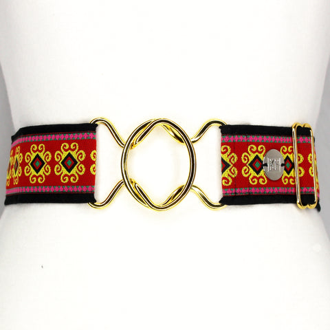 Red flourish adjustable belt with 2" gold interlocking clasp by KF Clothing