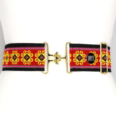 Red flourish adjustable belt with 2" gold surcingle clasp by KF Clothing