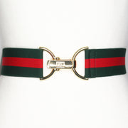Red green stripe elastic belt with gold clip clasp by KF Clothing