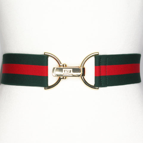 Red green stripe elastic belt with gold clip clasp by KF Clothing