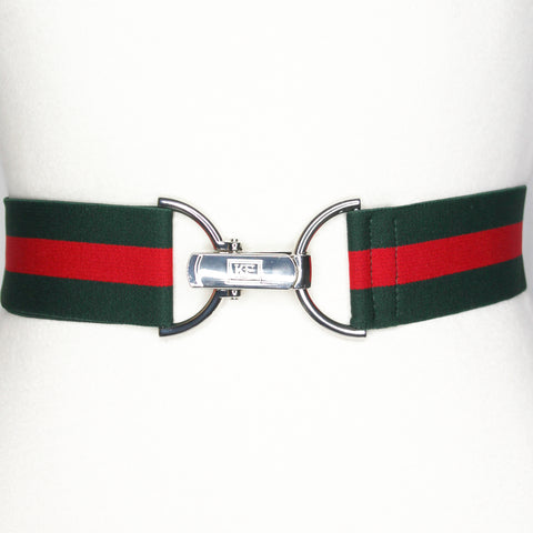 Red green stripe elastic belt with silver clip clasp by KF Clothing
