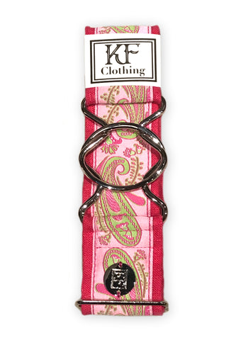 Pink paisley adjustable belt with silver interlocking clasp by KF Clothing