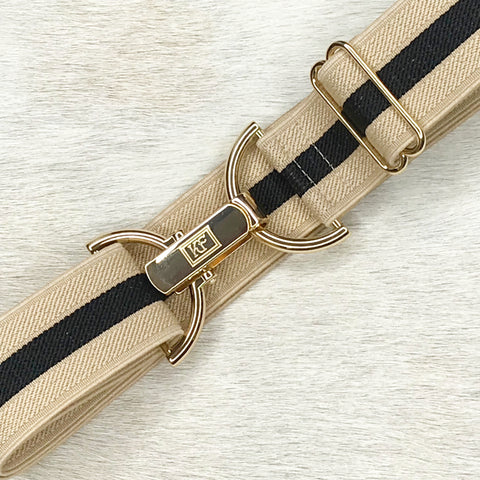 Tan black stripe elastic belt with 1.5" gold clip buckle by KF Clothing