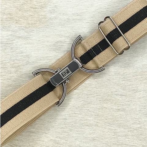 Tan black stripe elastic belt with 1.5" silver clip buckle by KF Clothing