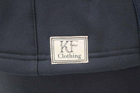 Tan suede logo on black soft shell vest by KF Clothing
