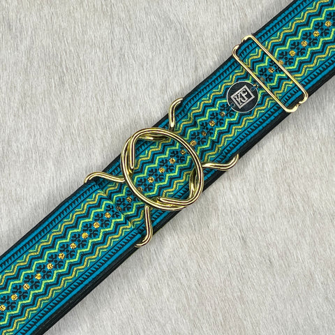 Teal Ziggy belt with 2" gold interlocking buckle by KF Clothing