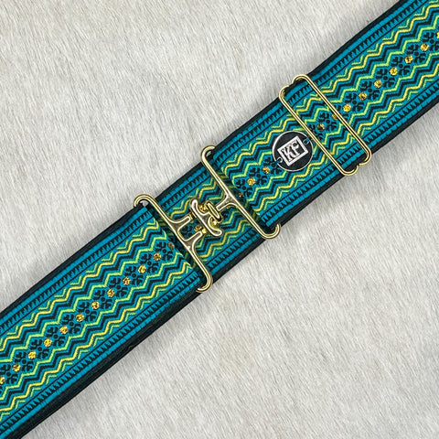 Teal Ziggy belt with 2" gold surcingle buckle by KF Clothing