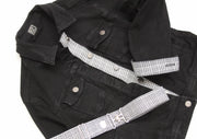 Black plaid black denim jacket with black plaid belt by KF Clothing.