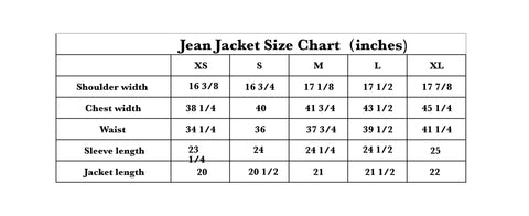 size chart denim jacket by KF Clothing
